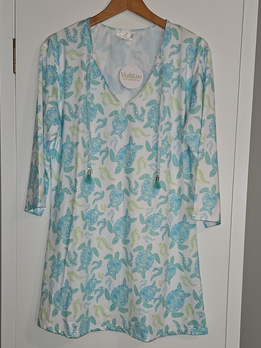 Women's White Swim Cover-Up with Aqua Turtle Print. S/M